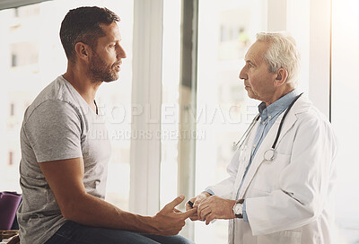 Buy stock photo Healthcare, doctor and man with diabetes test, advice and consultation at wellness clinic. Discussion, patient and medical professional checking glucose, insulin or assessment for health insurance