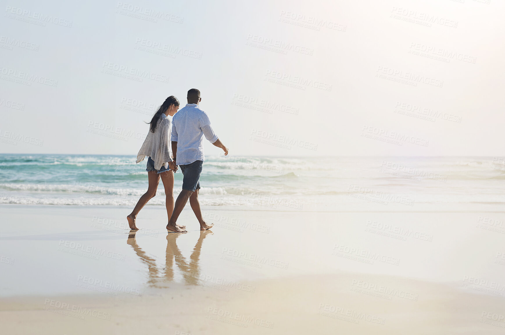 Buy stock photo Beach, walking and couple with love, vacation and journey with romance, getaway trip and marriage. People, outdoor and man with woman, seaside or bonding together with relationship, holiday or travel