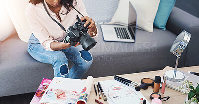 Buy stock photo Beauty influencer, makeup or woman with camera settings for social media, photography or video. Hands, editing pictures or photographer in home for content creation or filming cosmetic product review