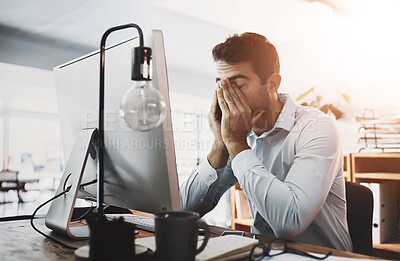 Buy stock photo Burnout, stress and tired businessman in office on computer working on deadline, project and online report. Corporate demand, eye strain and exhausted database administrator with fatigue and pressure