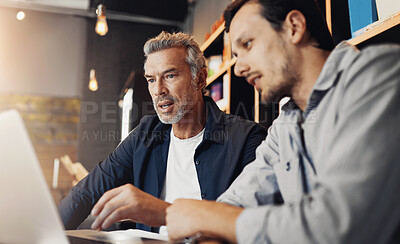 Buy stock photo Men, small business and owners on laptop in restaurant together for planning, teamwork or service. Collaboration, research or people on technology for online sale order system in cafe or coffee shop