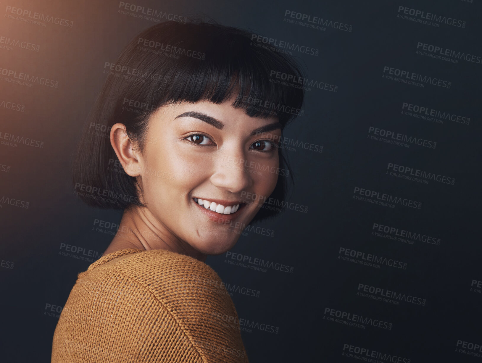 Buy stock photo Portrait, smile and woman in studio for hair style isolated on black background mockup space. Face, happy girl and confident hairdresser at salon for beauty cosmetics, makeup and hairstylist in Spain