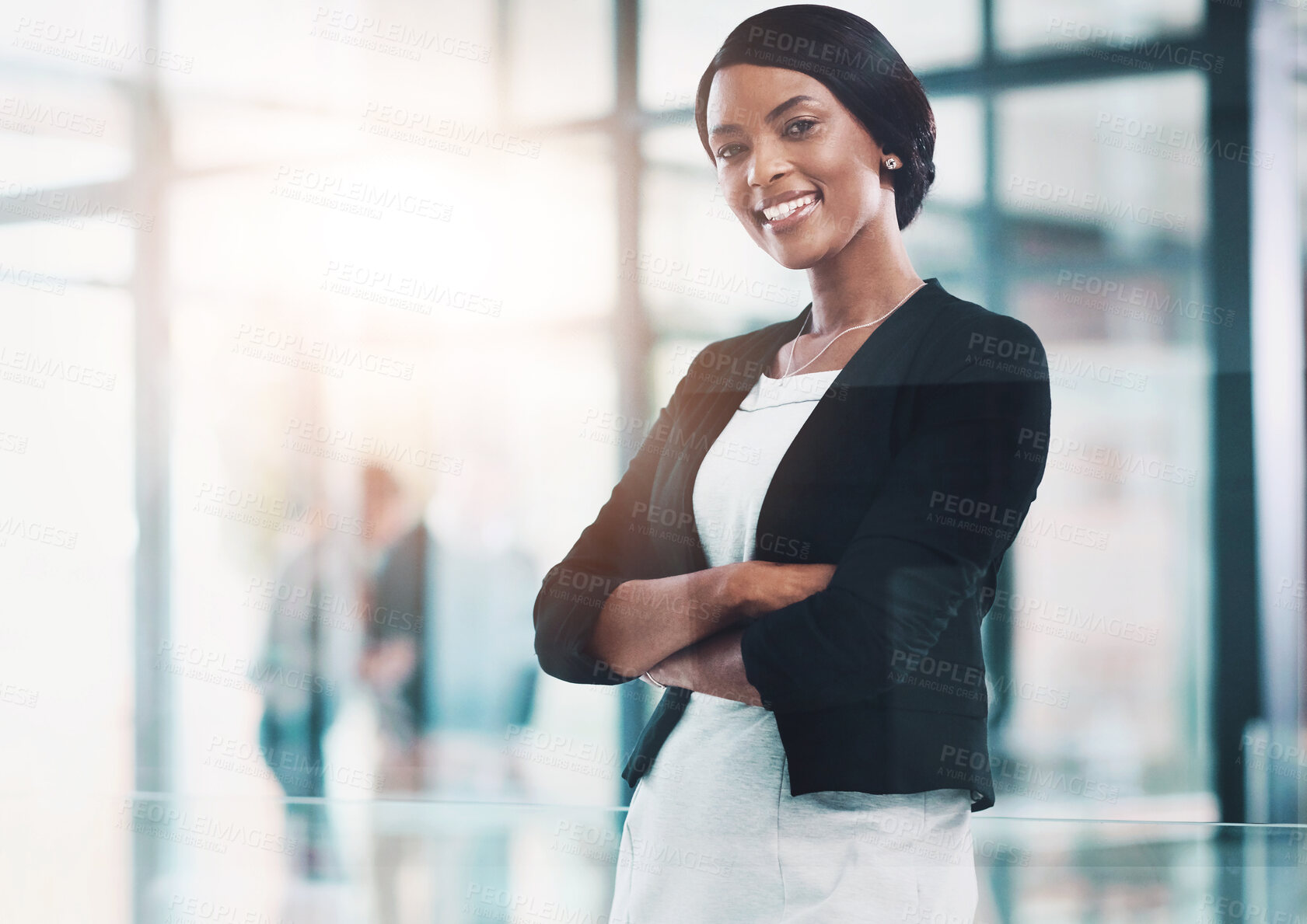 Buy stock photo Black woman, attorney and arms crossed portrait with law firm company, business agency and proud for goals, vision and confidence. Happy lawyer, professional employee and worker in modern office