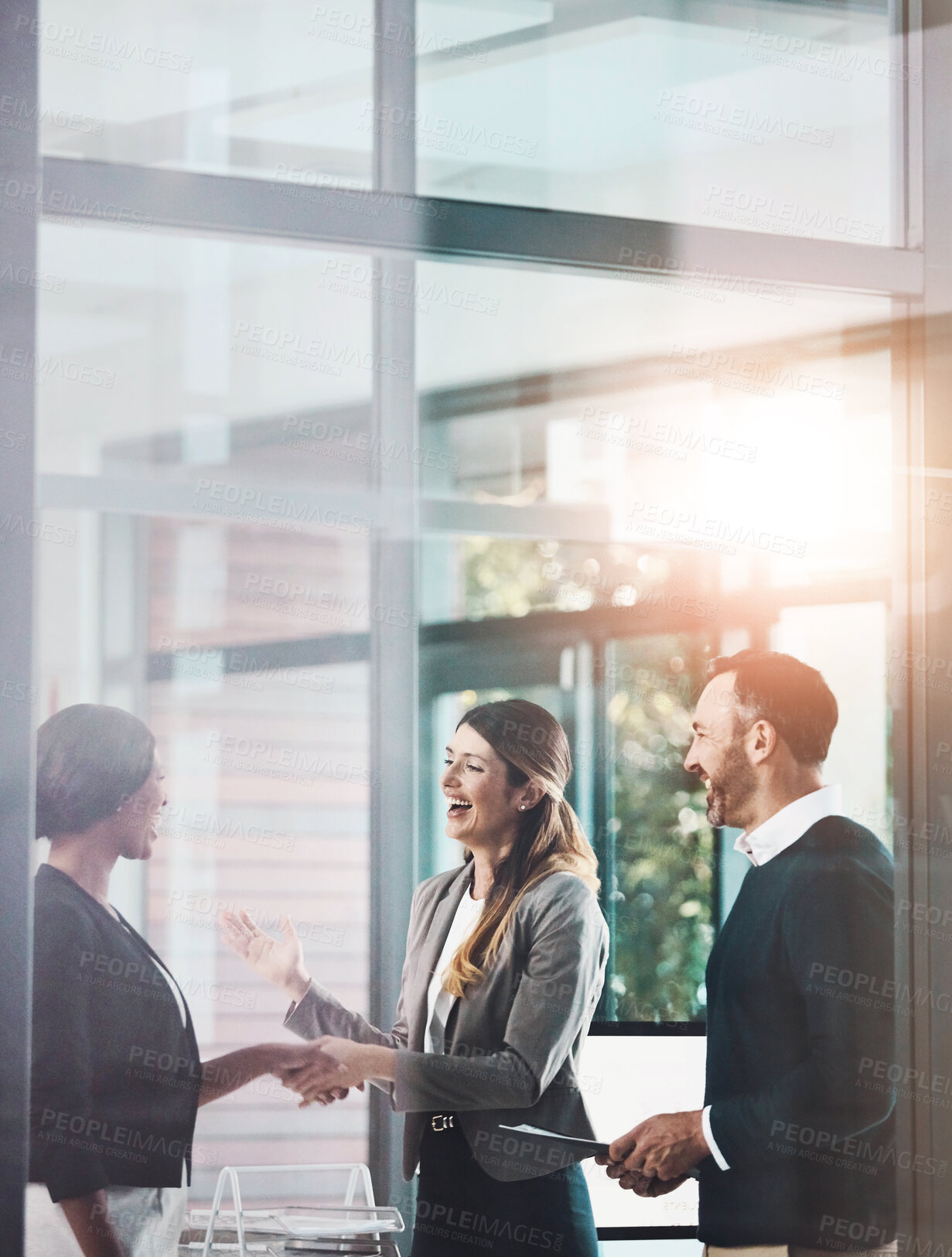 Buy stock photo Business meeting, welcome and people in office with handshake for partnership, greeting or collaboration. Lens flare, diversity and employee with client shaking hands for deal, b2b or agreement