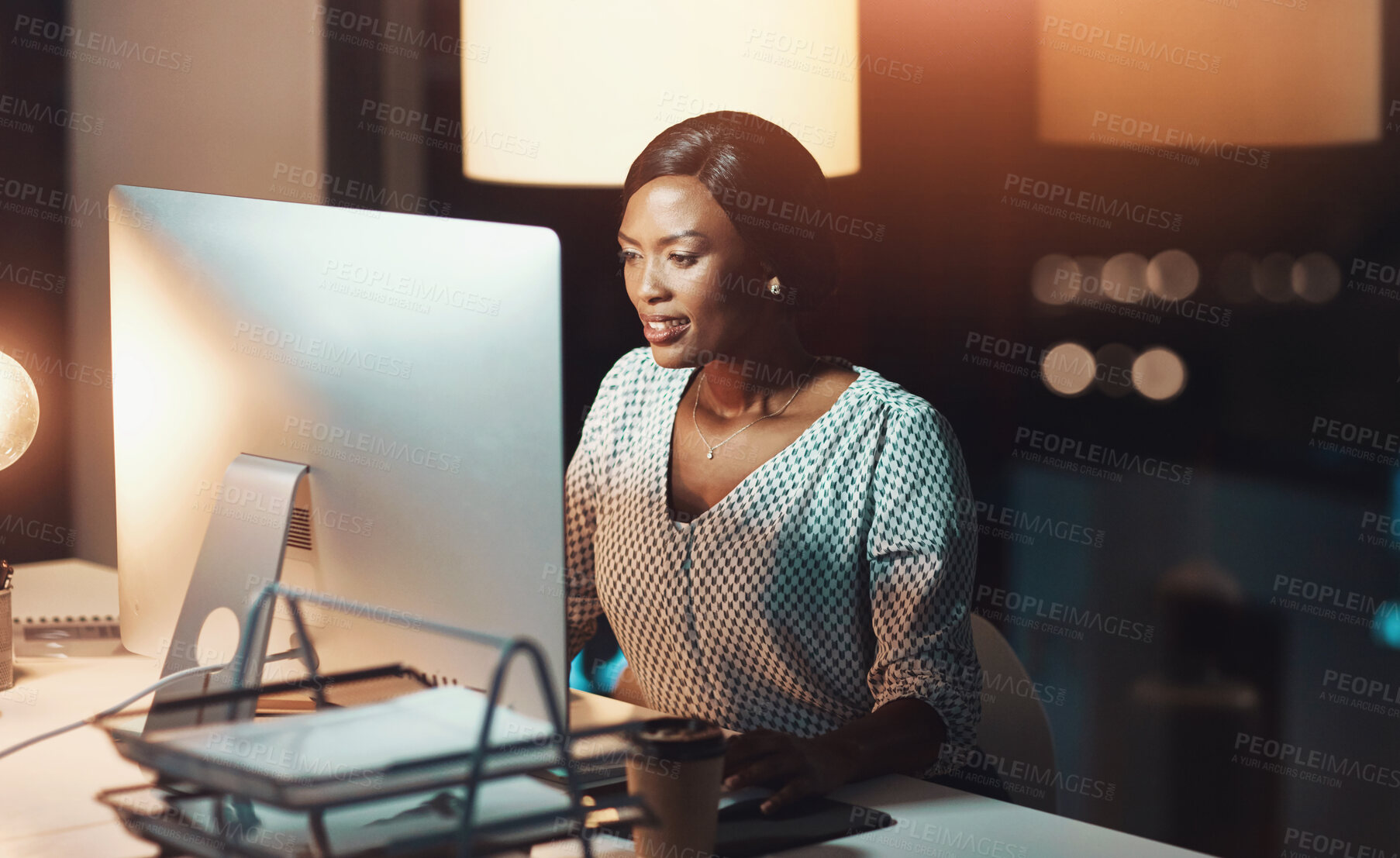 Buy stock photo Black woman, computer and night with deadline for project, email or communication at office. Young African, accountant or employee working late on corporate finance, budget or proposal at workplace