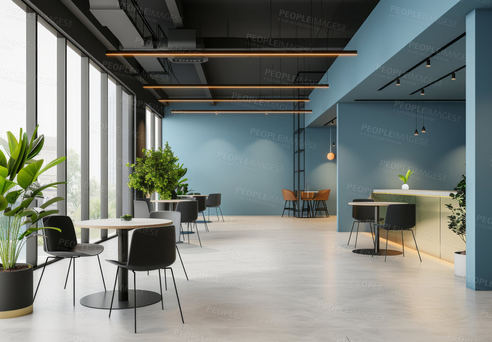 Buy stock photo Empty office, plants and workspace interior with chair, room or desk for business at startup company. Floor, table and workplace with modern design of furniture, lights or wall decoration with window