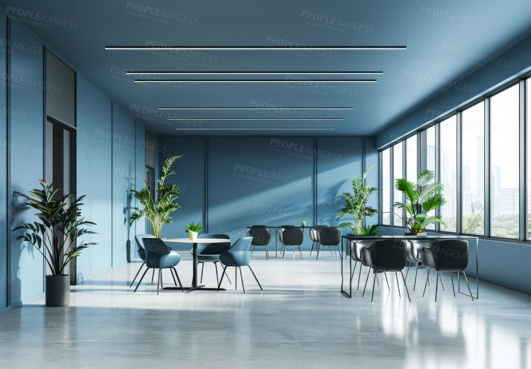 Buy stock photo Office, plants and workspace interior with chair, room and desk for business at startup company. Empty, table and workplace with modern design of furniture, lights and wall decoration with window
