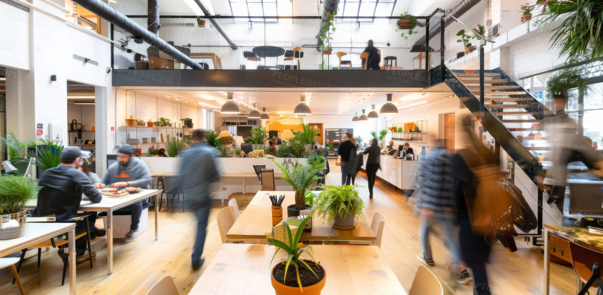 Buy stock photo Workspace, busy and business people walk in office, company or workplace at table on break. Blur, motion and group in coworking space for rush, workflow or moving fast at cafeteria for lunch in lobby