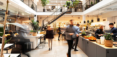 Buy stock photo Cafeteria, business and people with food, walking and motion blur of rushing to breakfast in startup. Hotel, customer and order with conversation, creative and hospitality for group and communication