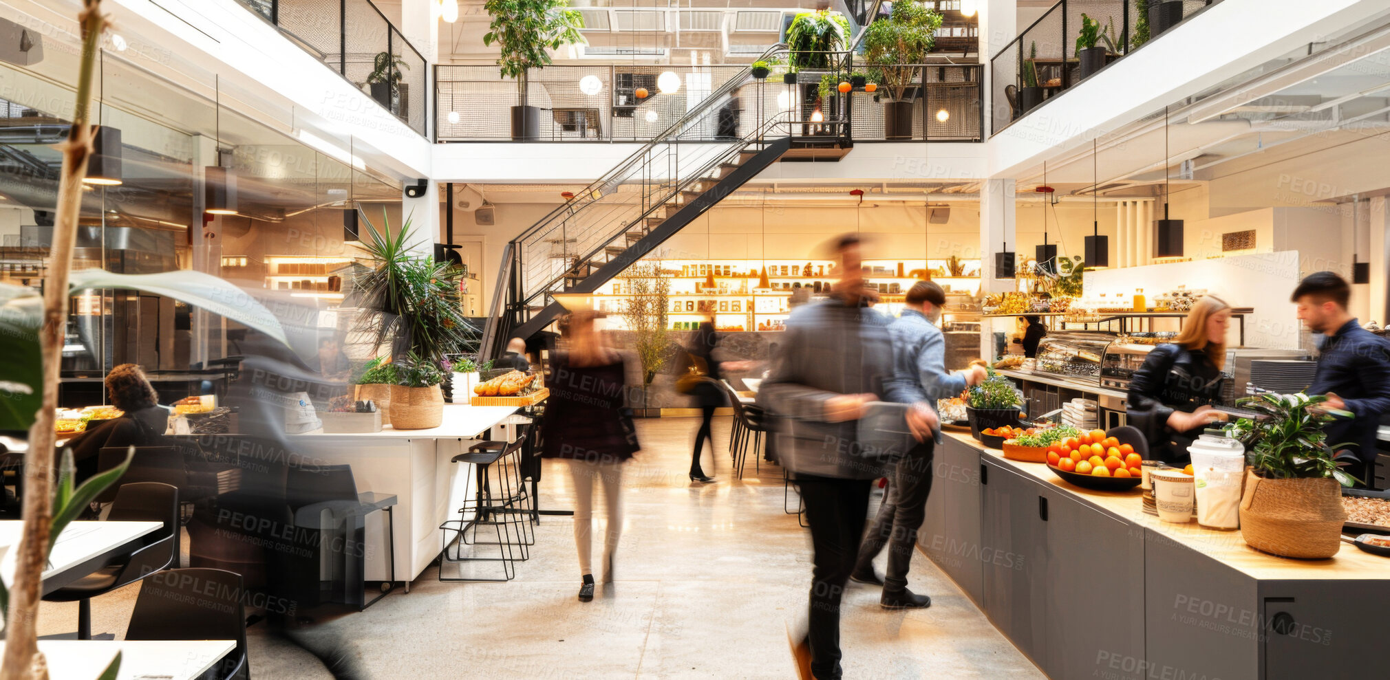 Buy stock photo Cafeteria, business and people with food, walking and motion blur of rushing to breakfast in startup. Hotel, customer and order with conversation, creative and hospitality for group and communication