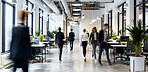 Office, busy and business people walk in lobby, company and workplace with computer on desk. Blur, motion and group in coworking space for rush, workflow and staff moving fast to meeting at workspace