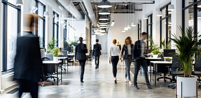 Buy stock photo Office, busy or business people walk in lobby, company or workplace with tech on desk. Blur, motion or group in coworking space for rush, workflow or moving fast at workspace with eco friendly plants