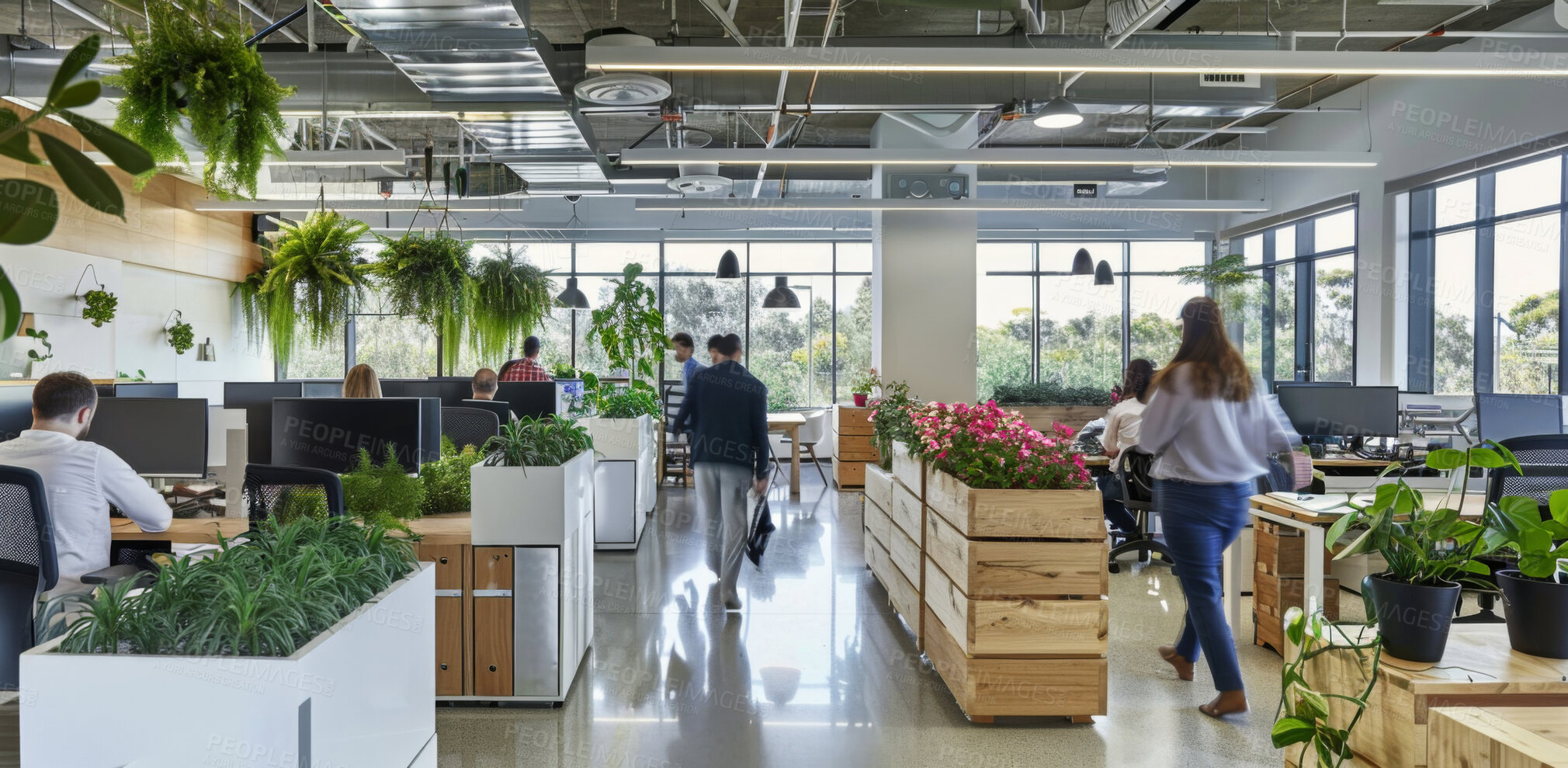 Buy stock photo Business, walking and people in office, plants and arriving in workspace of coworking, table and startup. Workplace, interior design and architecture of building, colleagues and busy in morning