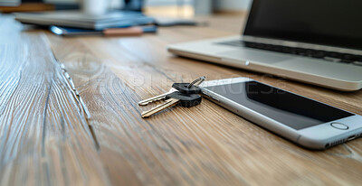 Buy stock photo Empty, laptop and mobile phone on table for connection, communication and business research with tech. Cellphone, touchpad and keys on desk in workspace, digital and online with electronics for job