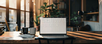 Buy stock photo Office, space and laptop screen on table with mockup for company, career and internet research. Business, interior and technology with paperwork on desk for productivity,  online and website design