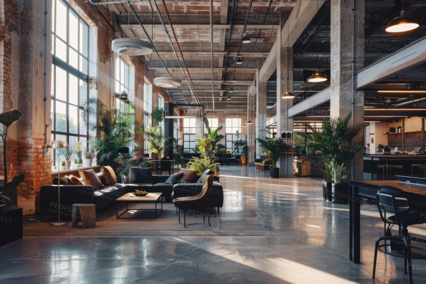 Buy stock photo Business, office and empty with furniture, interior design and minimal for workspace of coworking, table or startup. Workplace, room and architecture of building, property or chair of desk in morning