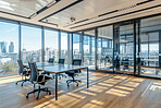 Business, chair and empty with furniture, boardroom and minimal for workspace of coworking, table and startup. Workplace, interior design and architecture of building, property of desk in morning