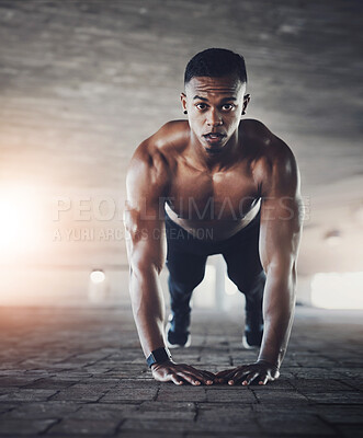 Buy stock photo Push up, black man and city fitness, exercise and sports, workout challenge and focus for health in New York. Bodybuilder, portrait and endurance on ground for training, wellness and strong power