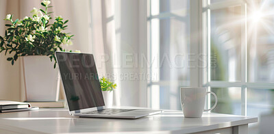 Buy stock photo Interior design, home office and laptop at window with coffee, natural light or aesthetic. Remote work, computer screen or cup in workspace for productivity, online communication or small business