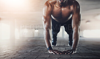 Buy stock photo Push up, fitness and man in city parking lot for intense training, exercise and cardio workout. Sports, athlete and person with muscle, strength and performance for wellness, health and endurance