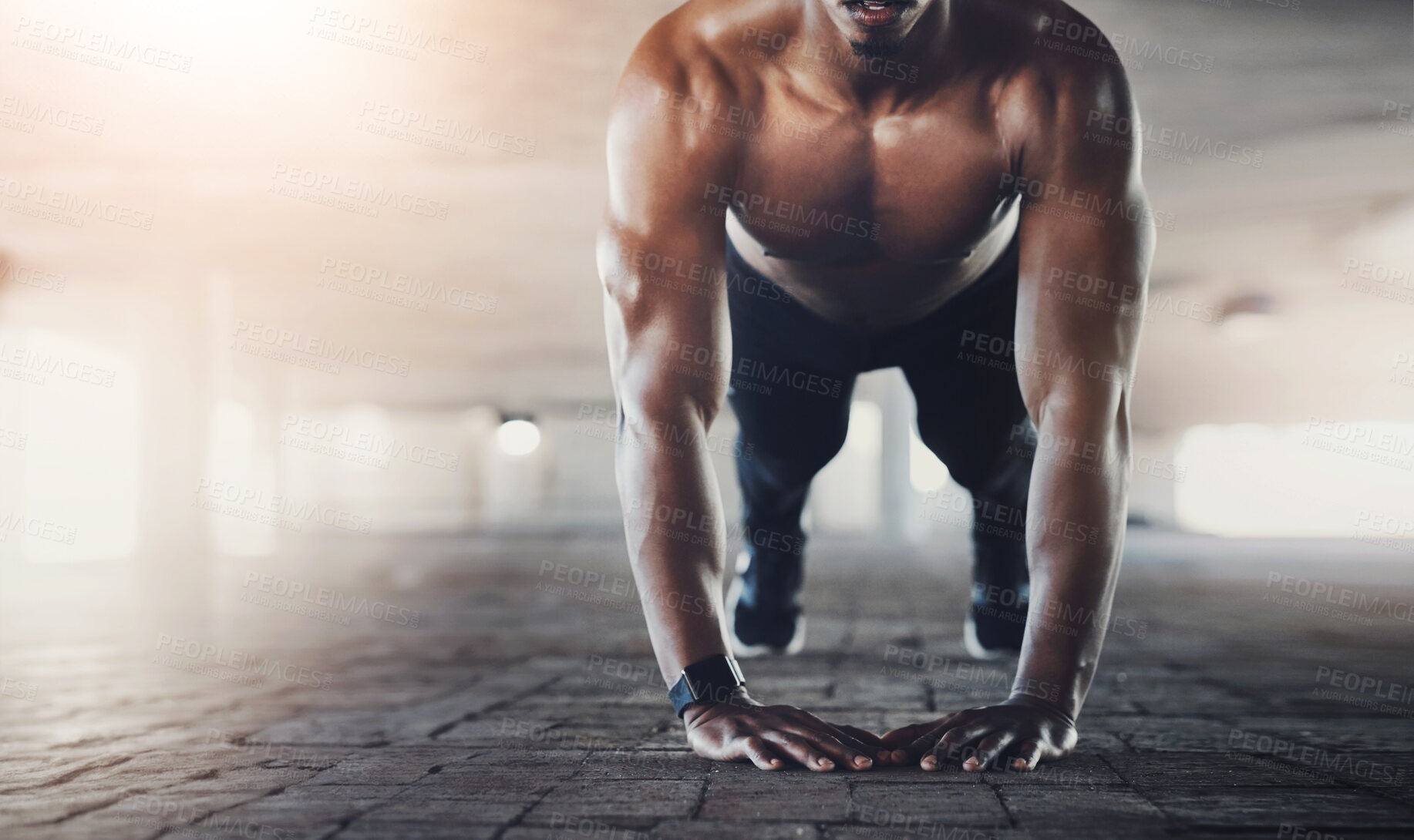 Buy stock photo Push up, fitness and man in city parking lot for intense training, exercise and cardio workout. Sports, athlete and person with muscle, strength and performance for wellness, health and endurance