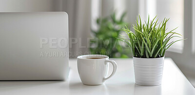 Buy stock photo Interior design, home office and laptop on table with cup, natural light and comfort aesthetic. Remote work, tech and coffee in workspace for productivity, freelance employment and online business