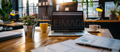 Buy stock photo Office, laptop screen and cup with document on table, proposal and business research with digital. Workspace, technology and corporate paperwork on desk for signature, contract and online in law firm