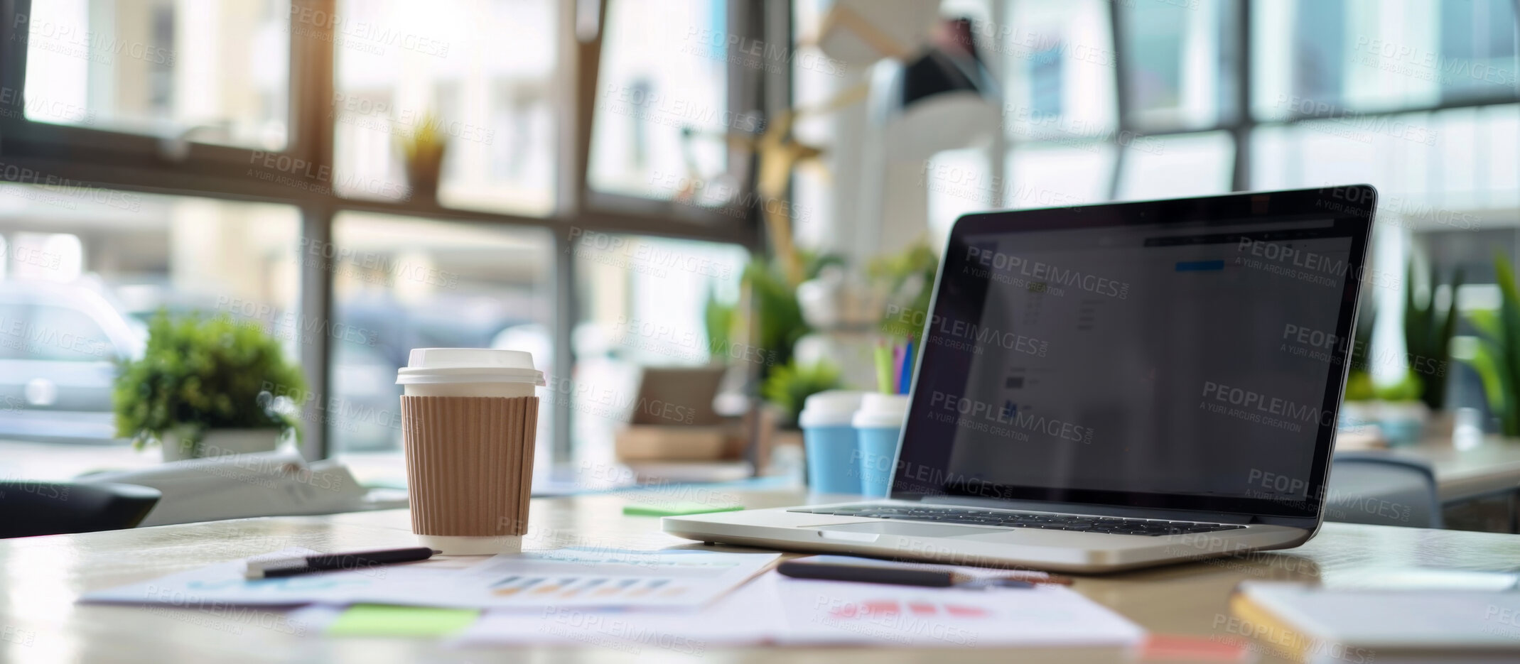 Buy stock photo Empty, wooden table and laptop screen with paper in office, startup research and digital for business growth. Workspace, technology and document on desk for results, information or review by coffee