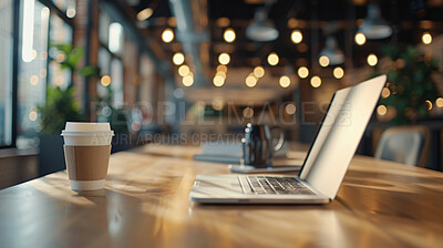 Buy stock photo Empty, wooden table and coffee with laptop in cafe, bistro and restaurant for hospitality service. Bokeh, beverage or tea cup on desk with digital, technology and connection for freelance research