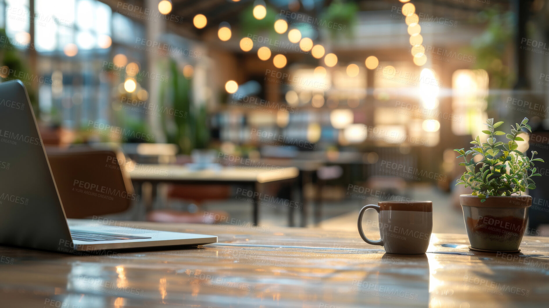 Buy stock photo Interior, wooden table and coffee with laptop in cafe, bistro and restaurant for hospitality service. Bokeh, beverage or tea cup on desk with digital, technology and connection for freelance research