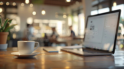 Buy stock photo Business, wooden table and coffee with laptop in cafe, bistro and restaurant for hospitality service. Screen, beverage or cup on desk with digital, technology and connection for freelance research