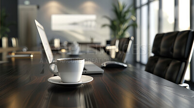 Buy stock photo Business, boardroom and coffee on furniture, room and minimal for workspace in office, table or startup. Workplace, interior design and architecture of building, property and chair of desk in morning