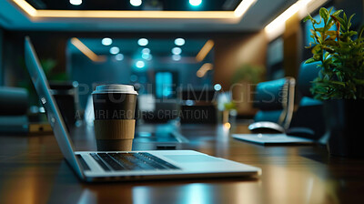 Buy stock photo Office, night and laptop on table with coffee, bokeh light and interior design. Business online, technology or travel mug in company for productivity, networking and communication on internet in dark