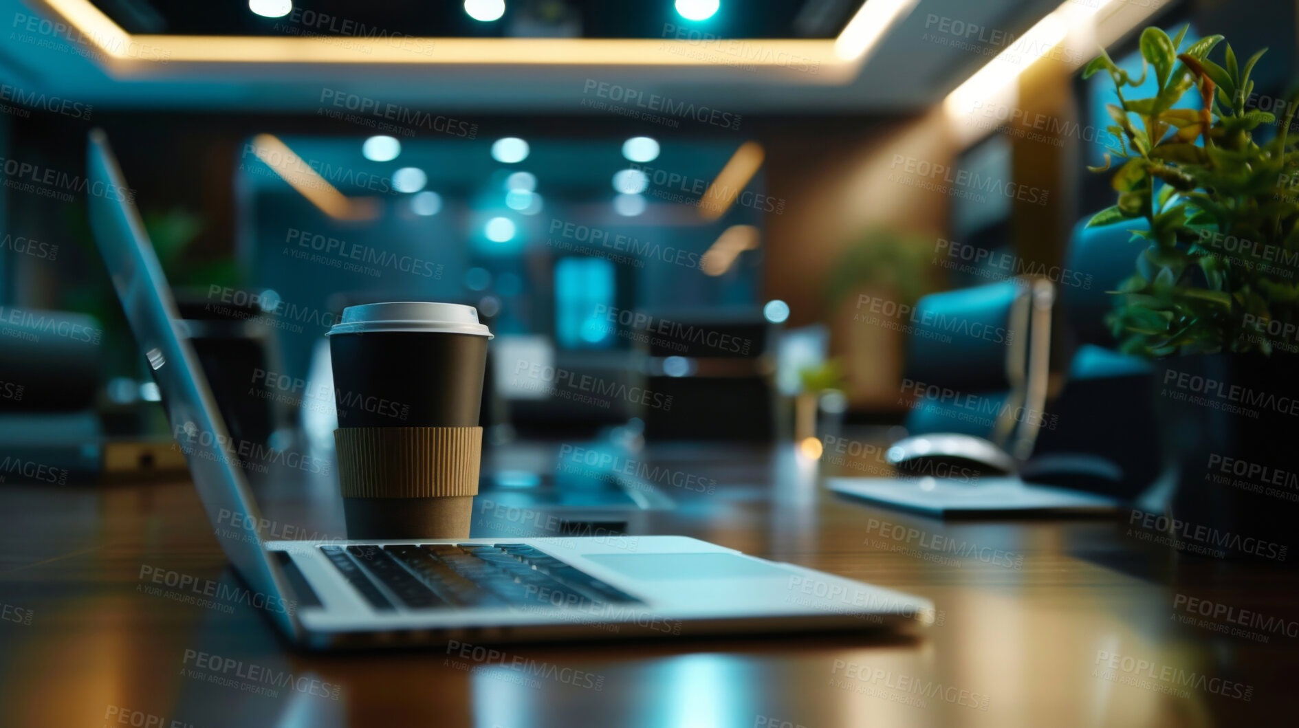 Buy stock photo Office, night and laptop on table with coffee, bokeh light and interior design. Business online, technology or travel mug in company for productivity, networking and communication on internet in dark