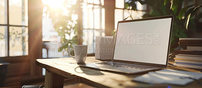 Buy stock photo Office, room and laptop screen on table with mockup space for creative company, business and interior. Plants, sunshine and technology with documents at desk for online info, research or productivity