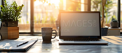 Buy stock photo Business, interior and laptop screen on table with mockup space for creative company, office or room. Plants, sunshine and technology with notebook at desk for online information, website or banner