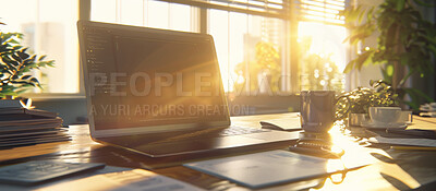 Buy stock photo Modern office, sunrise and laptop on table for business, information or interior design. Computer, screen or papers on desk for finance, accounting or communication on internet in corporate aesthetic