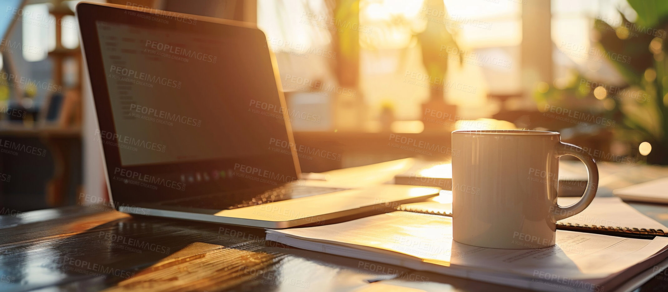 Buy stock photo Coffee, laptop screen and paperwork on desk in empty office with lens flare at startup company. Tea cup, computer and drink on wood table with document report, technology and business files in room