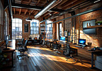 Furniture, interior and empty office for business with decor in minimal coworking space in New York. Creative company, art and startup loft with desk, chairs and wooden floor in modern workplace.