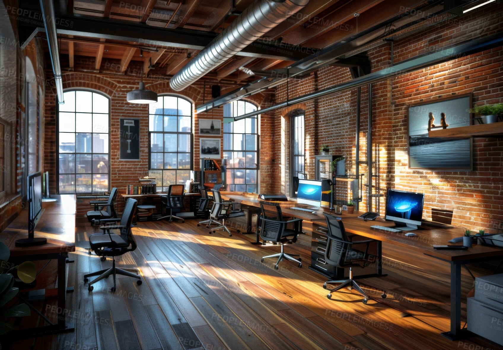 Buy stock photo Furniture, interior and empty office for business with decor in minimal coworking space in New York. Creative company, art and startup loft with desk, chairs and wooden floor in modern workplace.