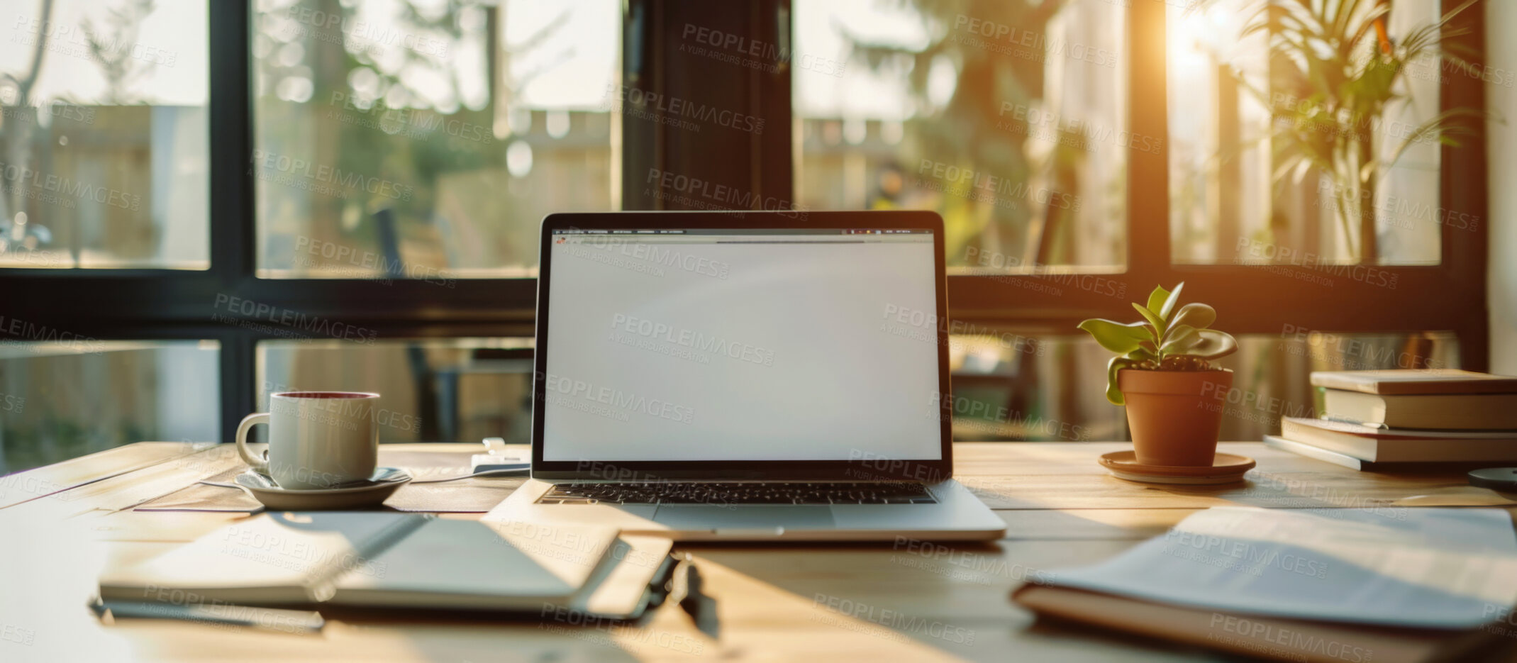 Buy stock photo Business, room and laptop screen on desk with mockup space for creative office, career or interior. Plants, notebook and technology with documents by window for online, website or journalism research