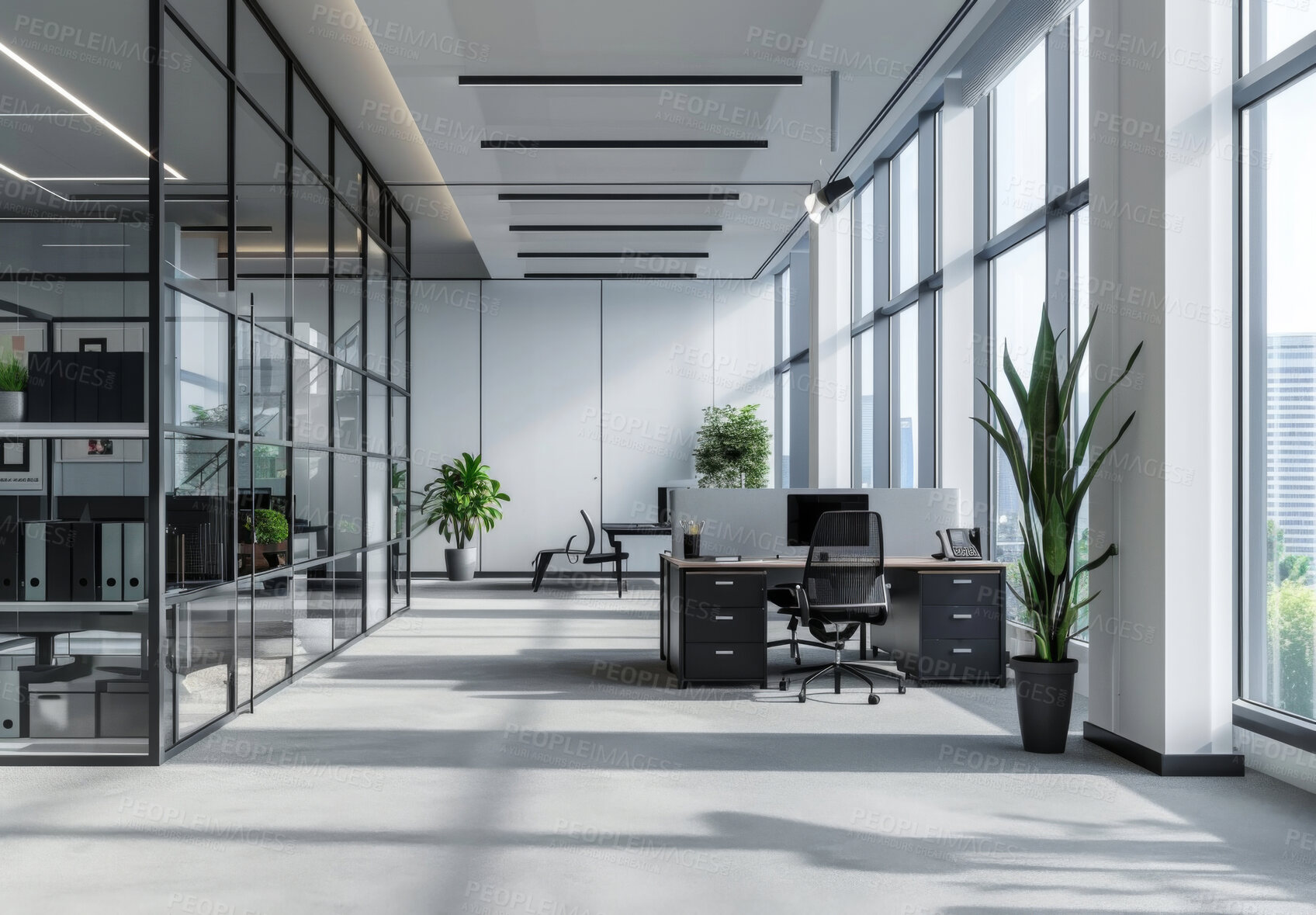 Buy stock photo Business, office and empty with furniture, decor and minimal of room of coworking, table or startup. Workplace, interior design and architecture of building, property or chair of workspace in morning