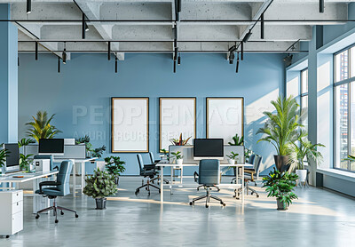 Business, office and empty with computer, chair and minimal for workspace of coworking, table or startup. Workplace, interior design and architecture of building, property or decor of desk in morning