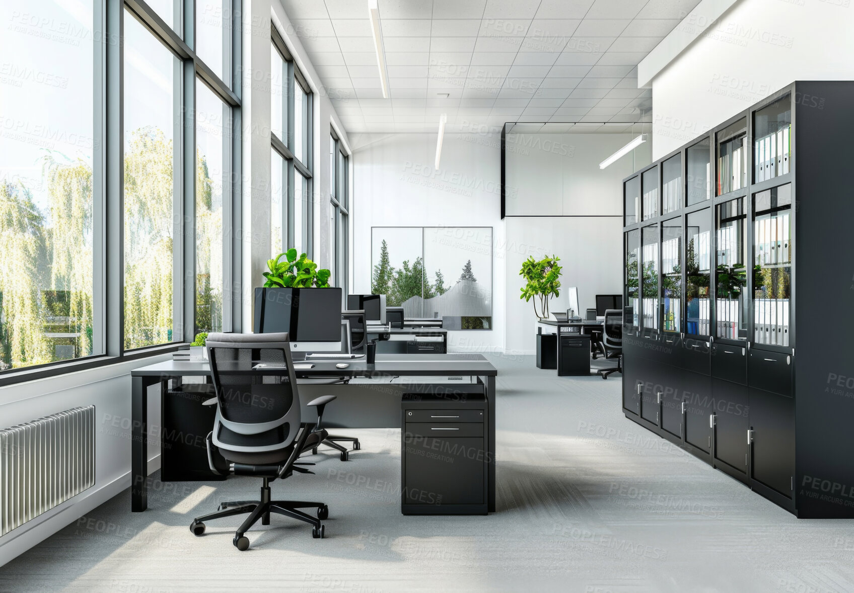 Buy stock photo Business, office and empty with furniture, shelf and minimal for workspace in room, table and startup. Workplace, interior design and architecture of building, property and chair of desk in morning