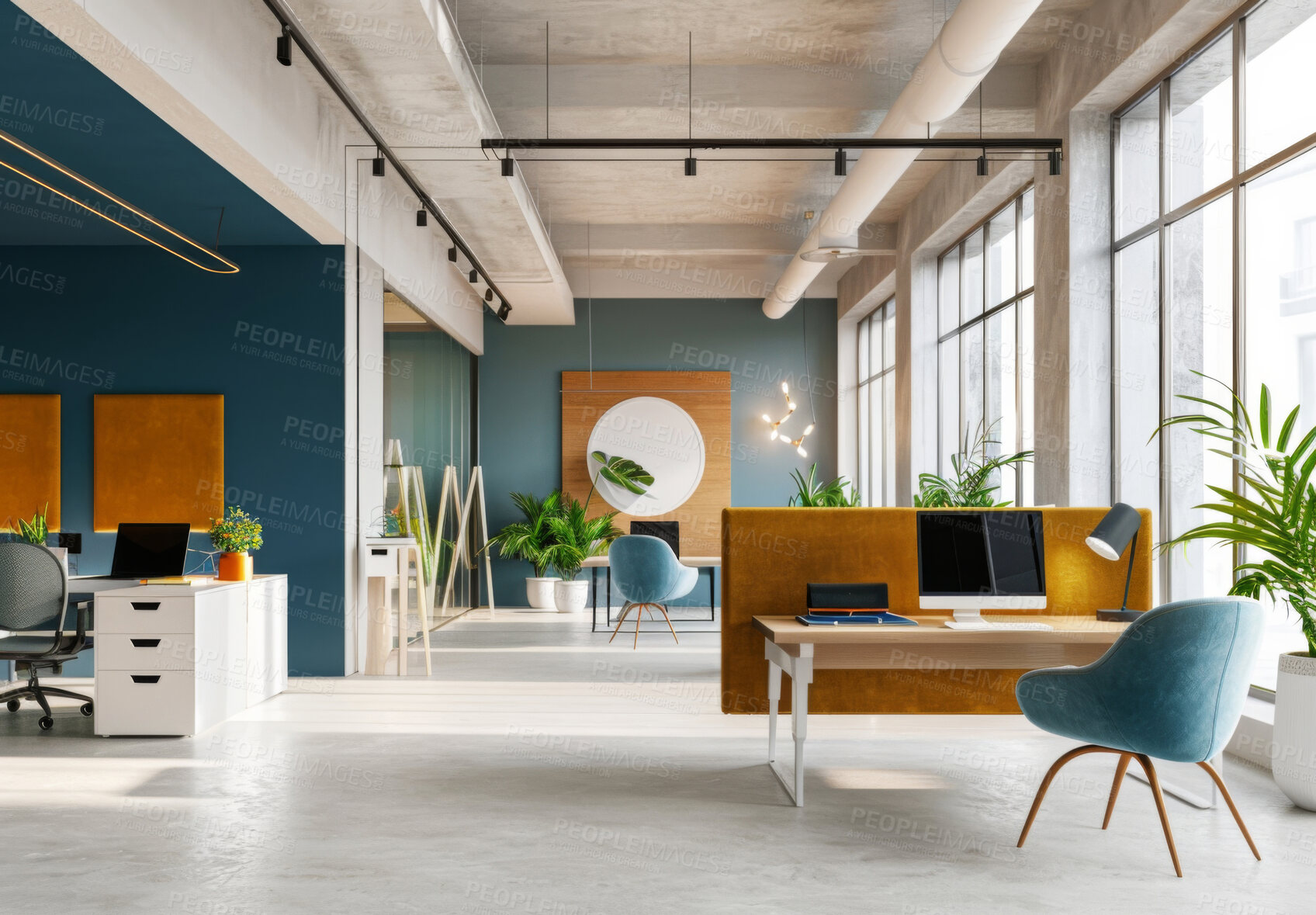 Buy stock photo Business, coworking office and furniture for publication, journalism and press media workplace with desk. Modern, architecture and minimalism at startup with tech, creative and professional lounge