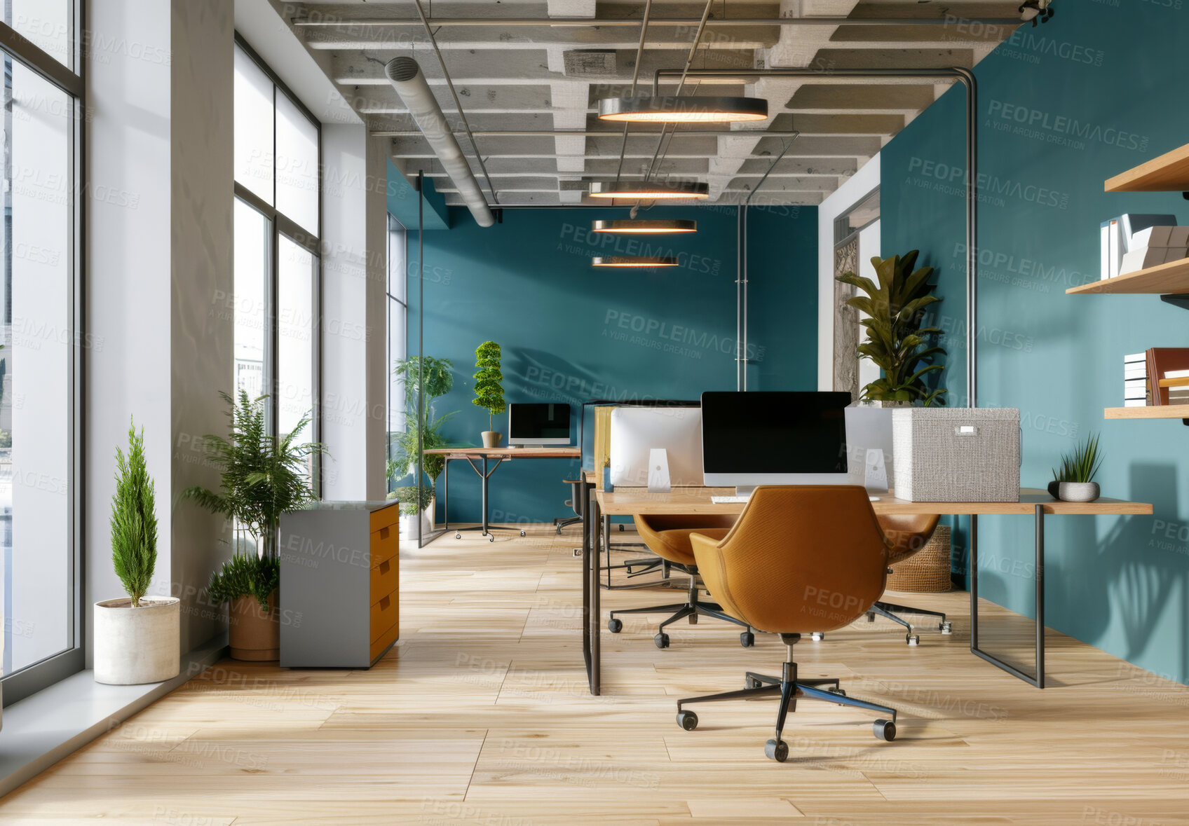 Buy stock photo Business, office and furniture for publication, journalist and press media workplace with desk. Coworking, architecture and minimalism at startup company with tech, creative and professional space