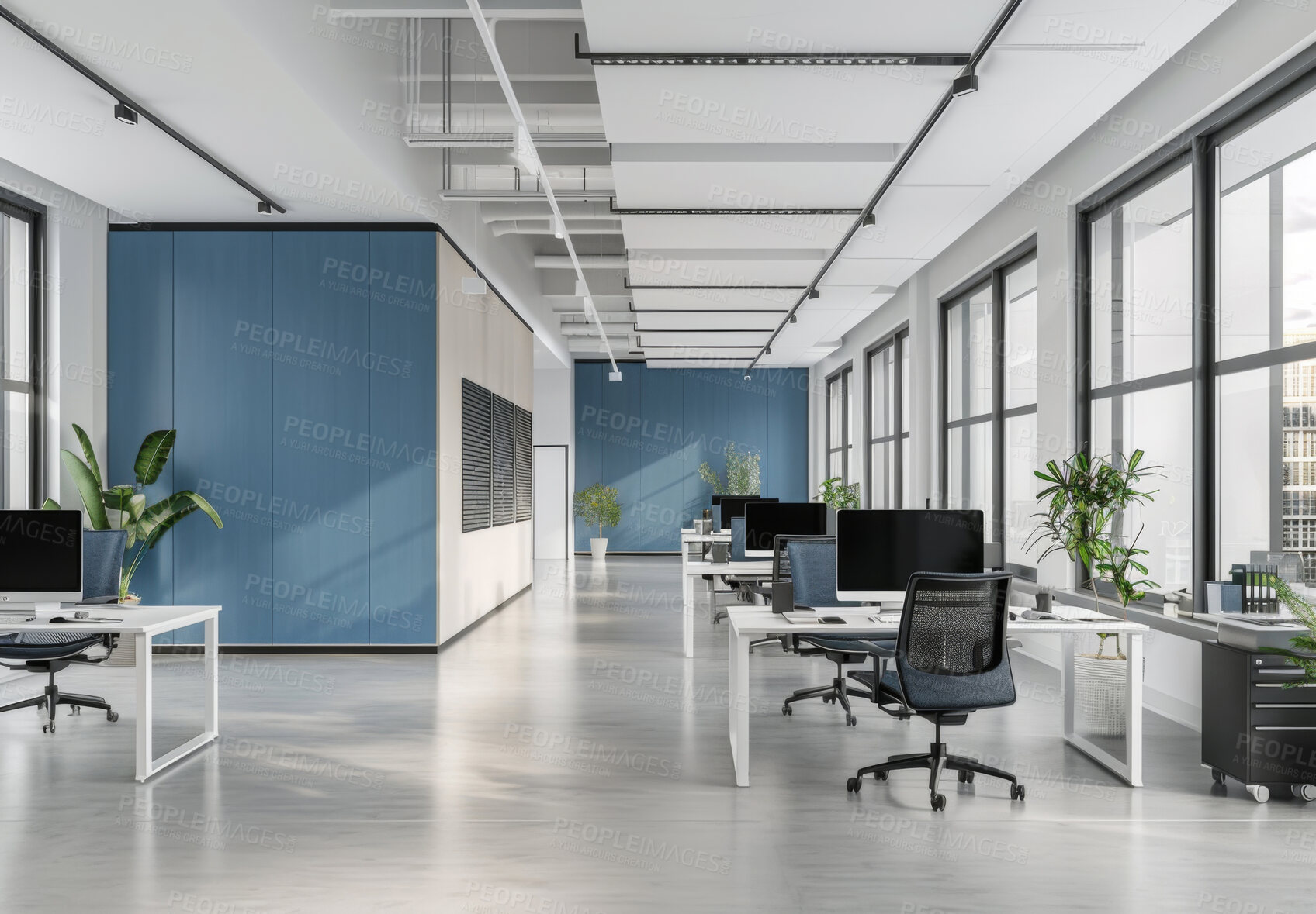 Buy stock photo Empty office, room and furniture in building for publisher, journalist and press media workplace with desk. Business, architecture and minimalism at startup company with tech and professional space