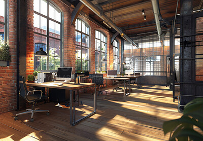 Empty office, interior and room with computer, chair or desk for business at startup company. Desktop, table or workplace with modern design of furniture, decor or brick wall with plants by workspace