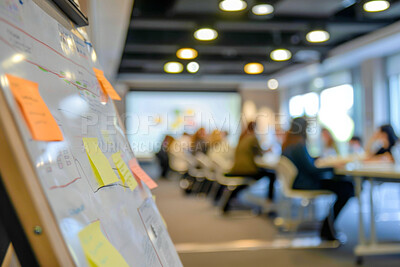 Buy stock photo Whiteboard, sticky note and information in office for reminder, brainstorming and planning for tasks. Workplace, ideas and goals on colorful paper for creativity, problem solving and decision making