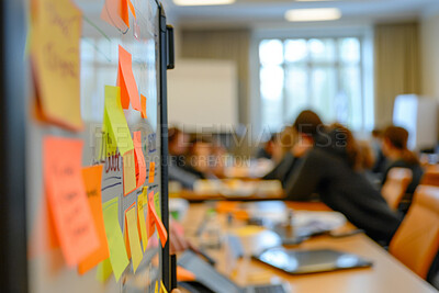 Buy stock photo Whiteboard, information and office with sticky notes for planning in coworking company for reminder and schedule. Creative, workspace and moodboard for brainstorming, list and advisory for workflow